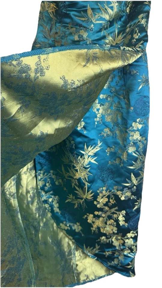 Dixie Fried Pinup Couture 蓝色东方花卉吊带连衣裙缎面缩褶小号 — 第 4/4 张图片