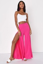 Lulus Pink Pants Side Slit High Rise Wide Leg Knockout Fuchsia Small S Women NWT
