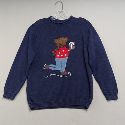 Christmas Sweater Women's S Navy Teddy Bear Roll Neck