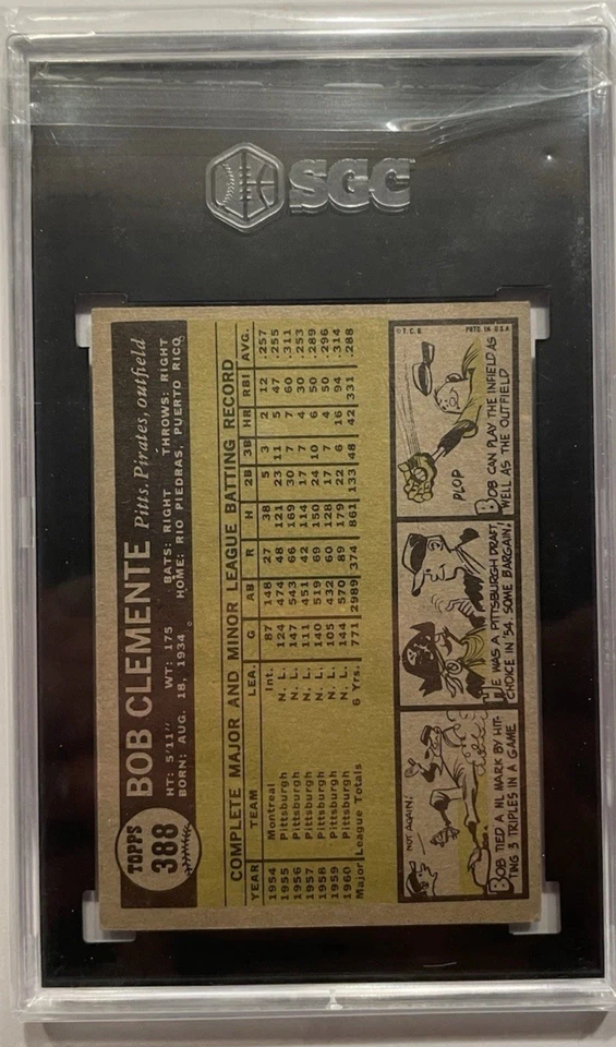 🔥⬛️Bob ROBERTO CLEMENTE🟨🔥1961 Topps #388 EX SGC 5 Piratas de la corte de colección Foto 2 de 4