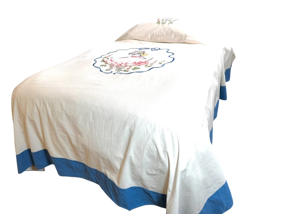 Винтажное вышитое покрывало 1940-х Southern Belle & Hollyhocks двойное в отличном состоянии - Изображение 3 из 4