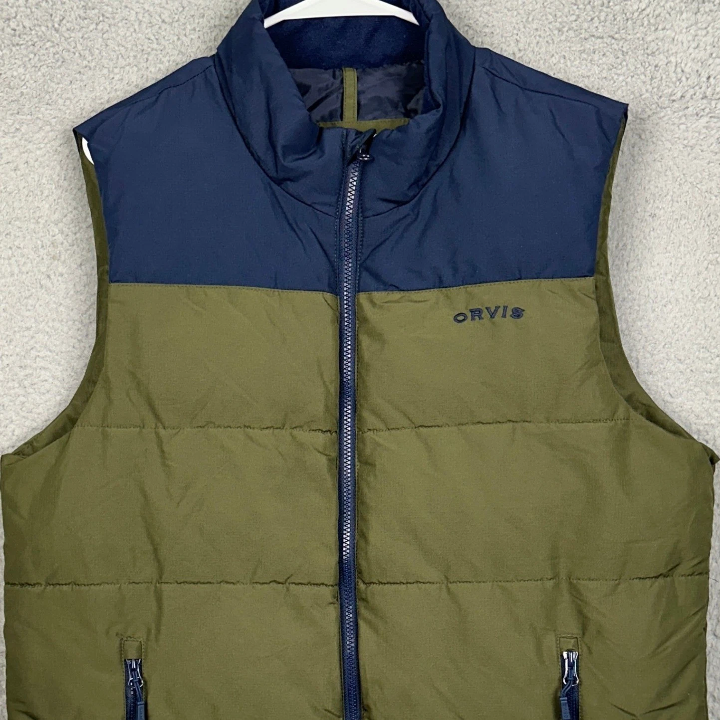 Orvis Vest Mens Medium Olive Navy Quilted Puffer Colorblock Full Zip Ripstop EUC