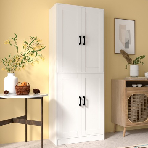 White Kitchen Pantry, 71" Tall Cabinet with Doors, Hutch with Storage for Din...