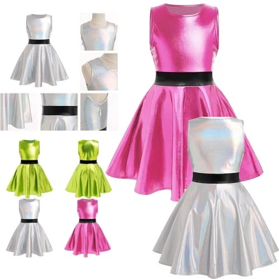 Mädchen Alien Kostüm Glitzer Kleid Ärmellos Rundhals Minikleid Ausgestellt Rock - Bild 1 von 4