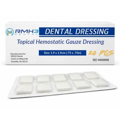 20/Pk Hemostatic Gauze Dressing 0.75x0.75in CMC Sterile Dental Oral Medical Aid