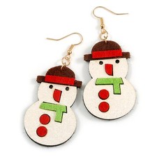 Christmas Sequin Felt/ Fabric Snowman Drop Earrings In Gold Tone - 70mm Long