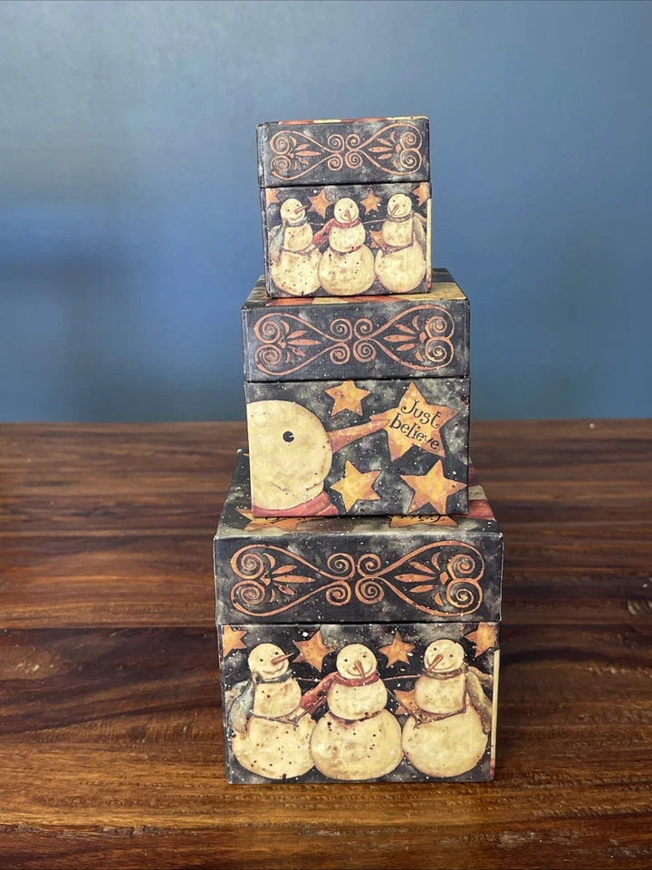3 Nesting/Stacking Bob’s Boxes Lang Primitive Christmas Snowman 14 Winter Decor - Image 4 of 4