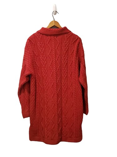 Aran Crafts Ireland Womens 100% Merino Wool Red Long Fisherman Cardigan Medium - Picture 5 of 10