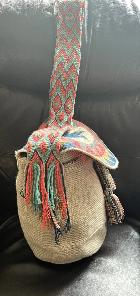 BLUE SALMON PINK Boho Wayuu handmade mochila hobo crossbody bag STARBURST multi - Image 4 of 4