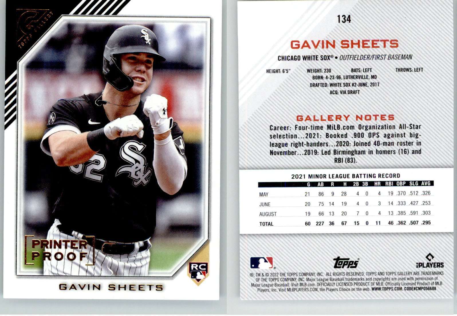 Gavin Sheets 2022 Topps Gallery Printer Proof #134 White Sox RC Rookie