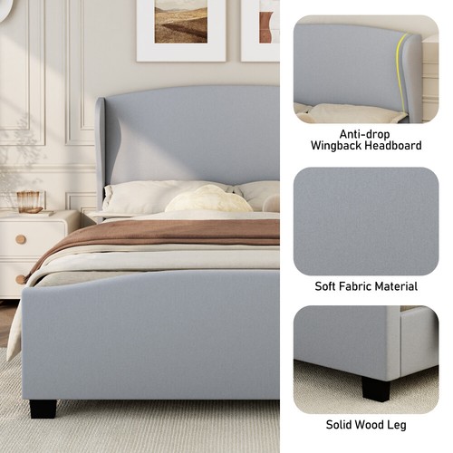King Size Headboard Wingback Linen Upholstered Bed No Box Spring Needed, Gray - Picture 2 of 9