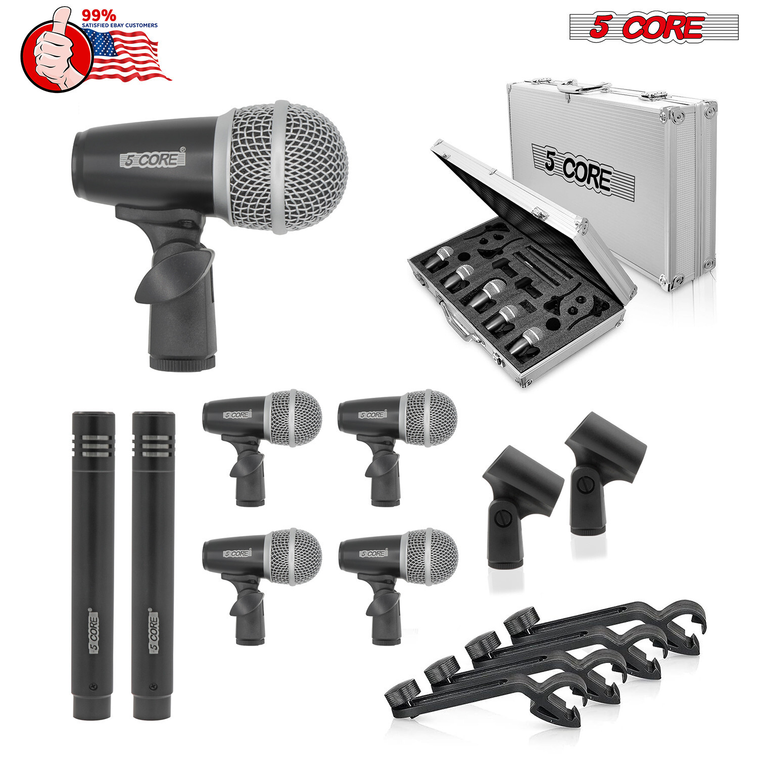 5Core 7 Pieces Drum Mic Kit w/ Metal Bass Snare Condenser Microphone Clip & Case