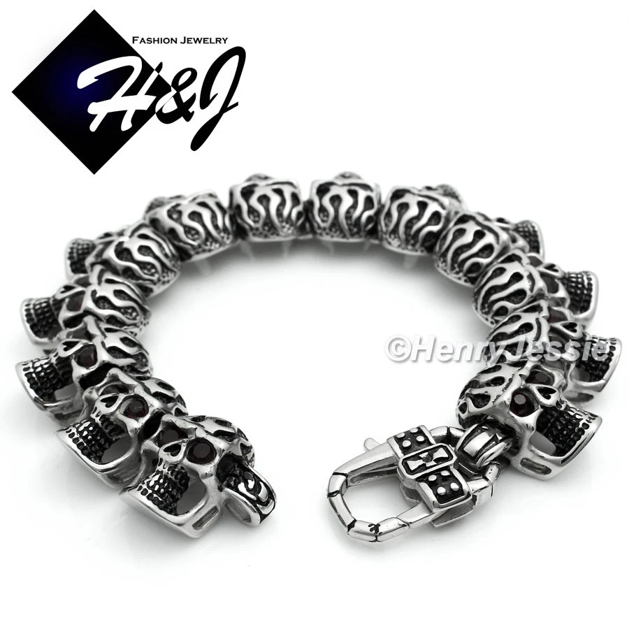 Brazalete Cabezas Cara Calavera 9" Acero Inoxidable PESADO Ojo Rojo Plateado Negro*76 Foto 2 de 4