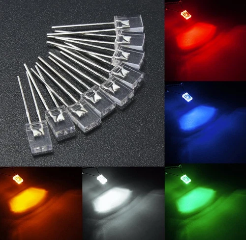 10 LED 2X5X7mm Rectangulaires Blanches Rouge Bleu Diode + Resistors 12V Auto