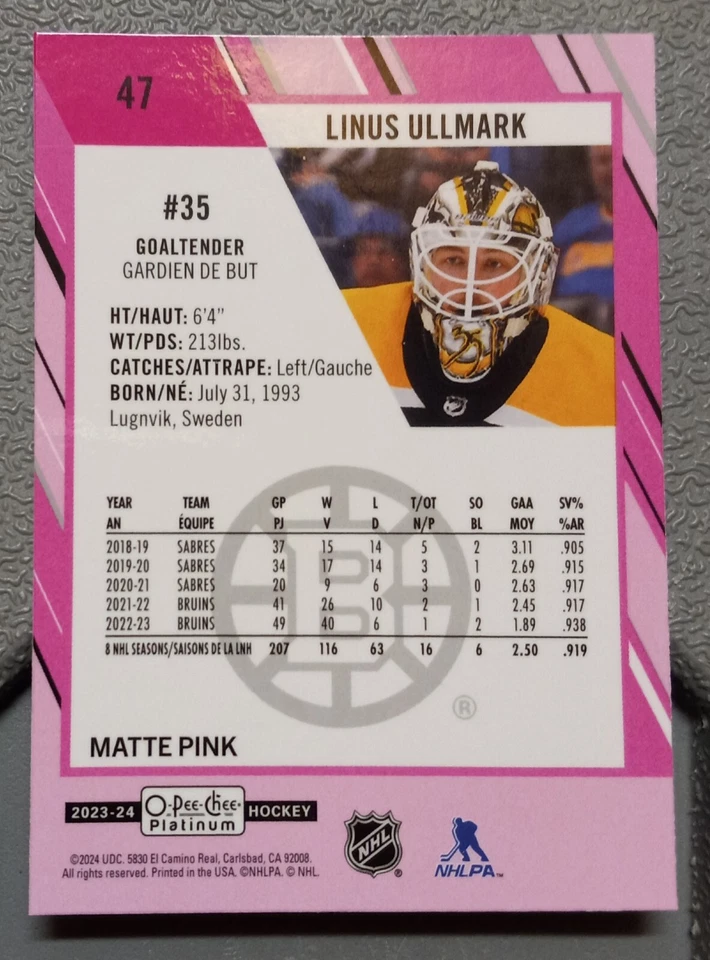 Linus Ullmark Goaltender 2023-24 O Pee Chee Platinum Matte Pink #47 - Image 2 of 2
