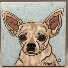 Chihuahua Keyhook Tile Trivet Signed Pumpkin Handpainted Wall Hanging