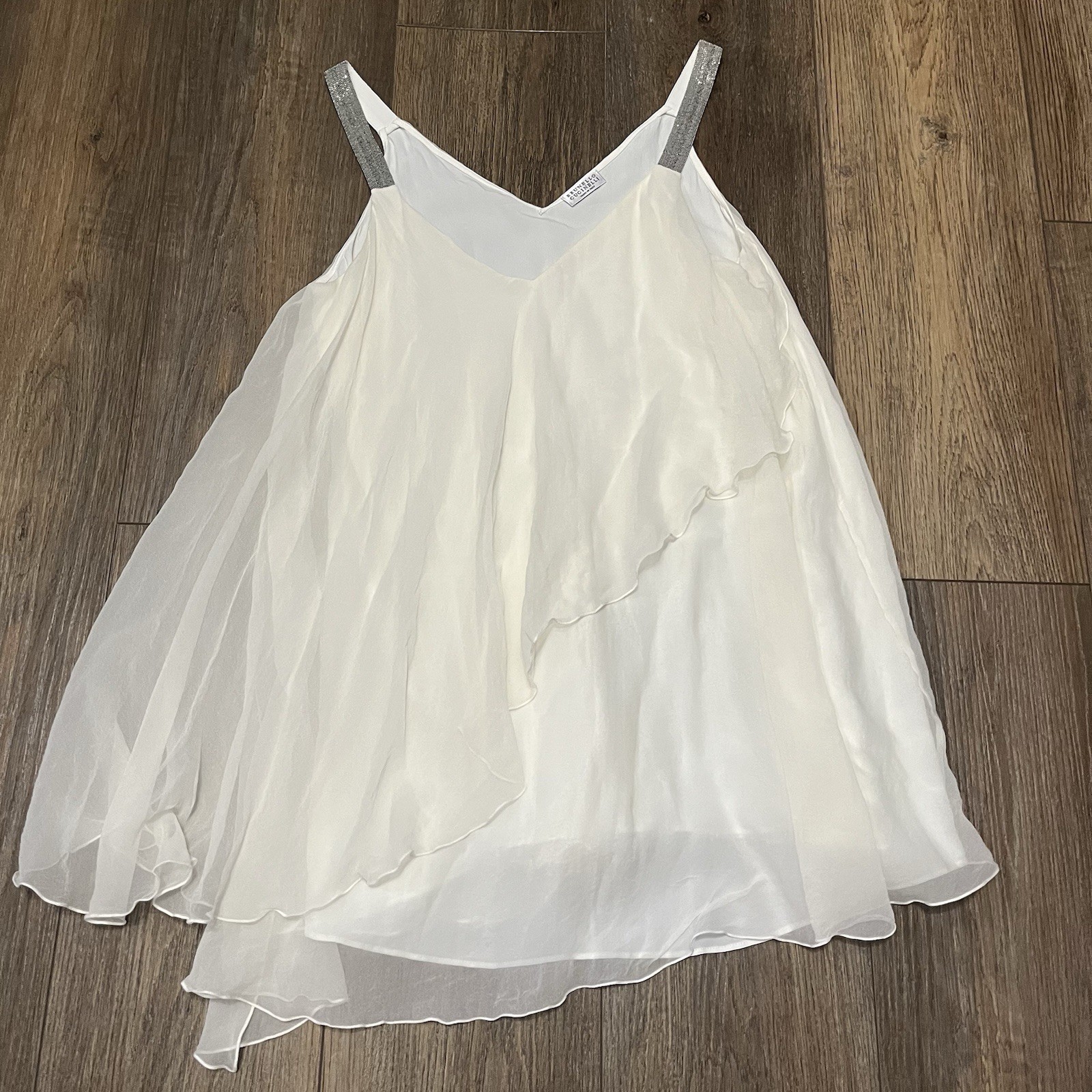 Brunello Cucinelli Silk Tiered Camisole Top Ivory Monili Beaded Straps No Size