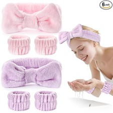 6PCS Spa Headband Wristband Set for Washing Face Soft Puffy Bow Makeup Headband