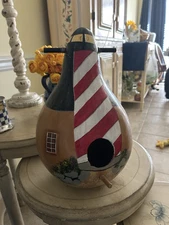 Large hand Painted gourd Birdhouse Lighthouse Design  Cool And Rare With Hanger 