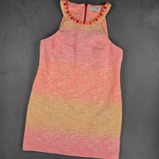 Trina Turk Dress Womens 14 Pink Orange Tweed Beaded Neck Sleeveless Sheath