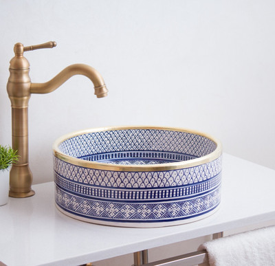 Custom Made Round Ceramic Bathroom Sink with Blue Pattern and brass Rim