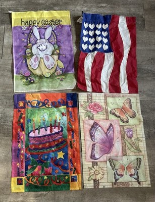 Lot Of 4 Garden Flags USA American Easter Bunny Butterfly Birthday Cake