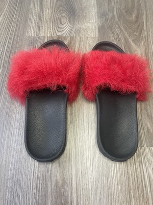 UGG Slides Black w/ Red Furry Fuzzy Faux Fur Band SMALL 5-6