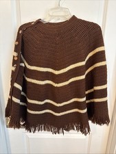 Vintage Retro Handmade Crochet Brown Cream Poncho Cape Shawl One Size