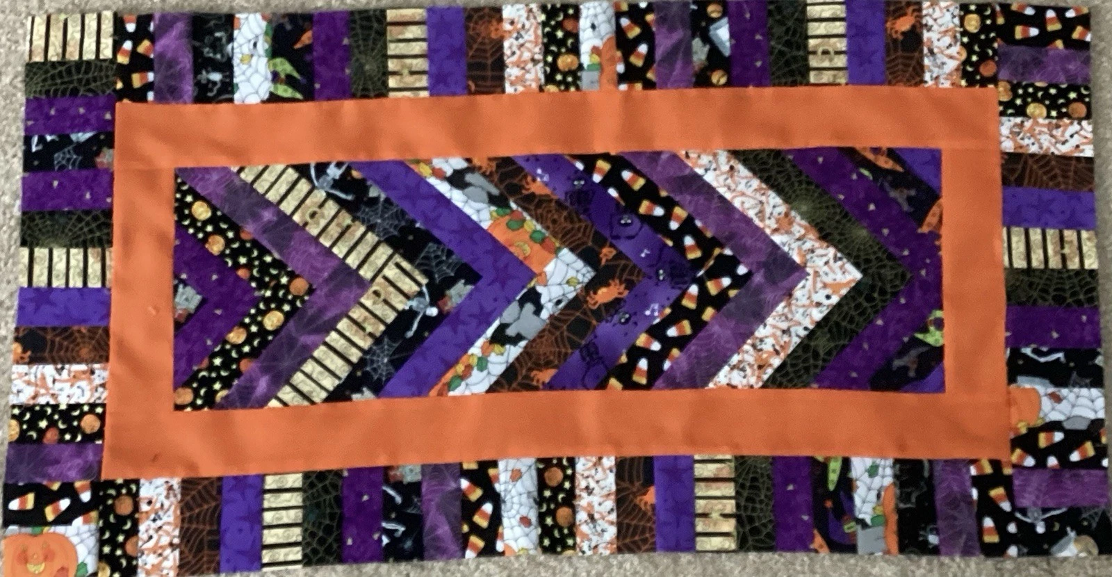 Scrappy Whimsical Halloween Fabric Hand Pieced Table Runner Quilt Top 15x28