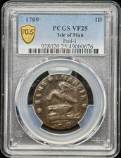 1709 Isle of Man Copper PENNY PCGS VF-25 BN Prid-1