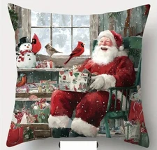 Adorable Happy Santa And Cardinal Christmas Throw Pillow Cover Winter 18”