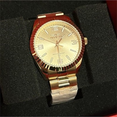 Invicta Rose Gold-Metal Wristwatch Fluted Bezel Sunburst Dial Bracelet in Box