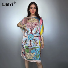 African Dress Printed Loose Femme Robe Muslim Beach Cover up Silk Feel Holiday E