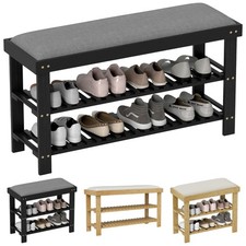 HOMCOM Bamboo Shoe Bench, Entryway Bench with Storage and Cushion