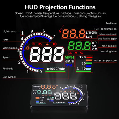 LED Windshield Projector 5.5'' A8 hud OBD2 HUD Car Head Up Display Speeding Warni