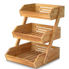 3-Tier Wooden Fruit Basket For Kitchen Countertop, Bread Vegetable Basket Bow...