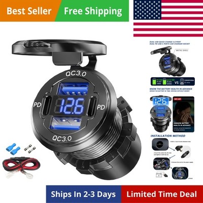 Dual PD USB C Ports & Dual Quick Charge 3.0 Ports Car Charger Socket, Aluminu...