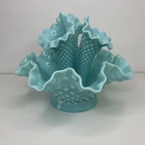Vintage Fenton Turquoise Epergne Milk Glass Three Horn Hobnail Vase