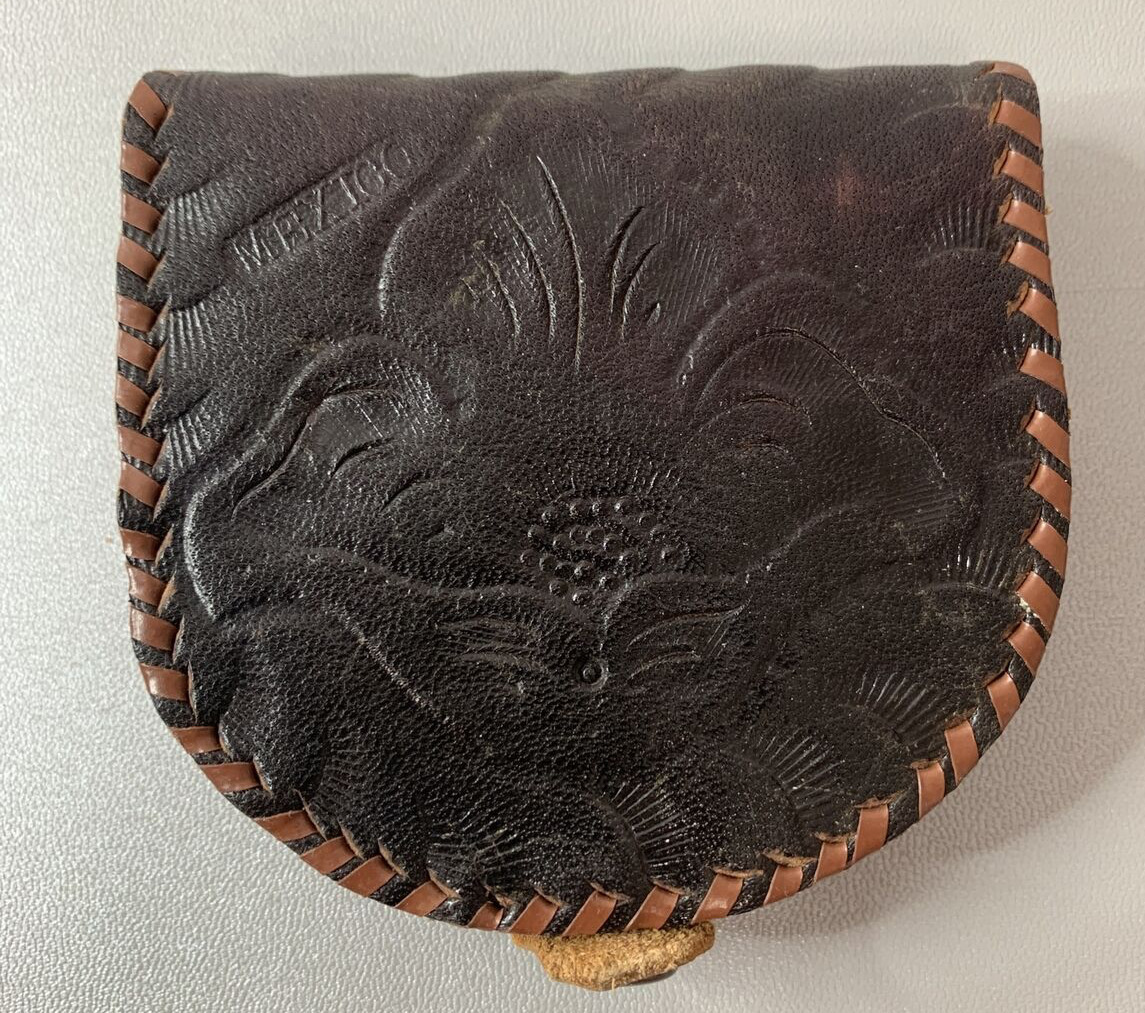 Mexican  Hand-Tooled Leather Tan Floral Coin Purse - image 1