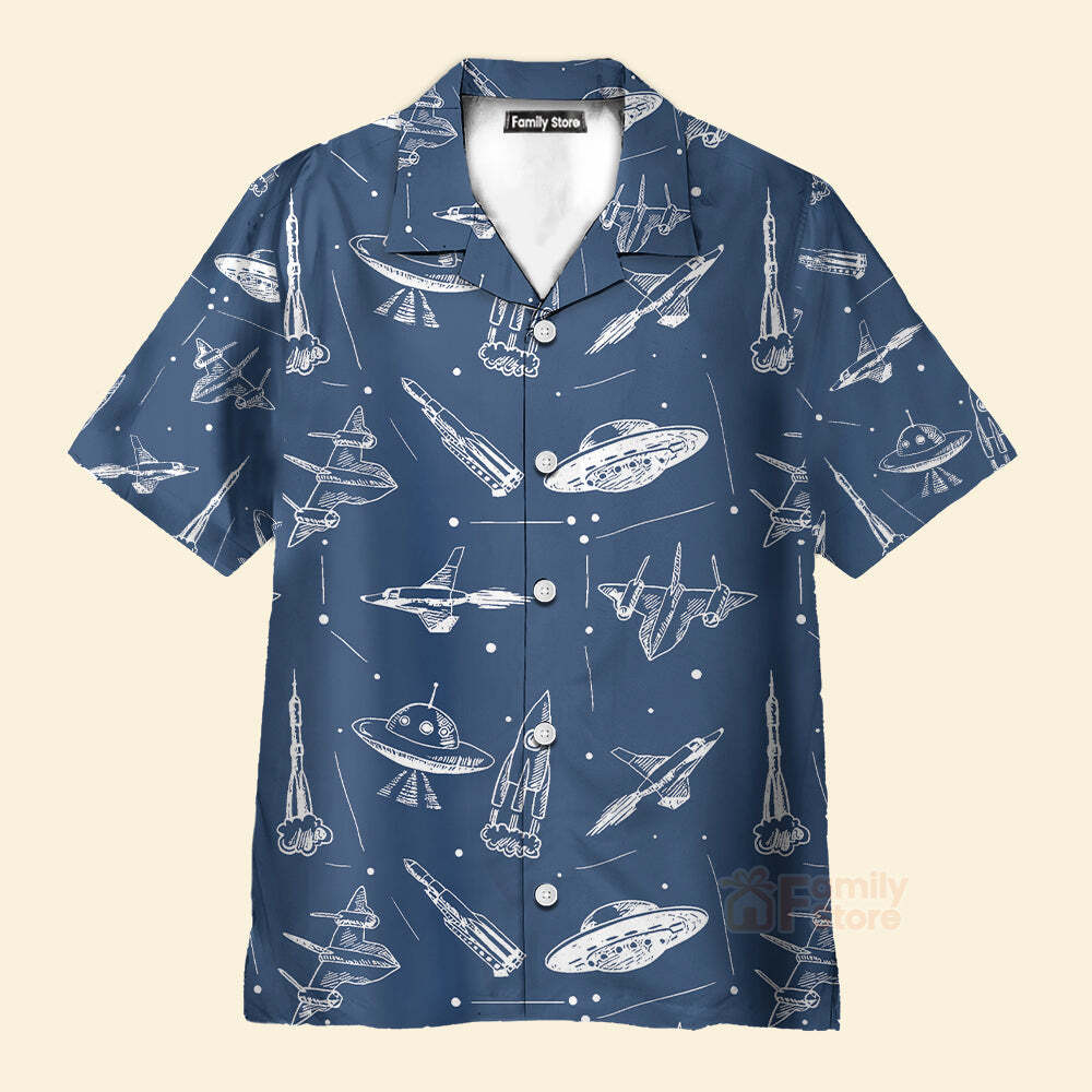 Retro Space Aircraft Seamless Pattern Hawaiian Shirt with Vintage Airplane Design for Men and Women Stylish Tropical Vacation Wear