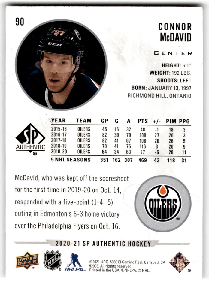 2020-21 SP Authentic Connor McDavid #90 Edmonton Oilers - Image 2 of 2