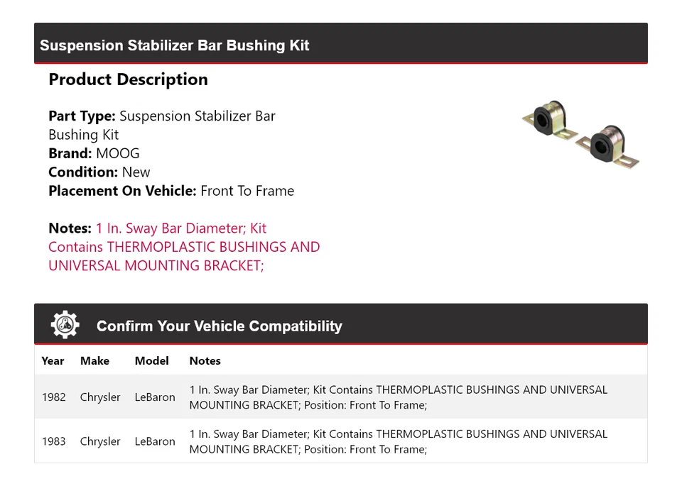 Kit de buje de barra estabilizadora de suspensión MOOG para Chrysler LeBaron 1982-1983 Foto 2 de 4