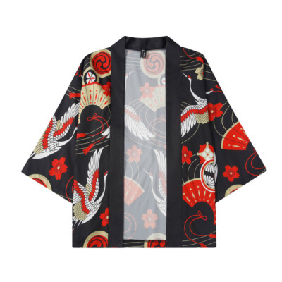 Herren Chinesisch Retro Kimono Mantel 3/4 Arm Jacke Yukata Kranich Blumenmuster Jacke