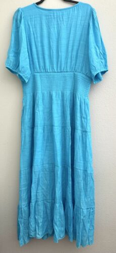 J Gee Woven Peasant Maxi Dress Boho Solid Aqua Blue Elastic Waist XL Extra Large - Picture 5 of 5