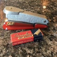 Vintage Red  Silver METAL HAND HELD Stapler By Arrow Fastener 4.75  BOX STAPLES