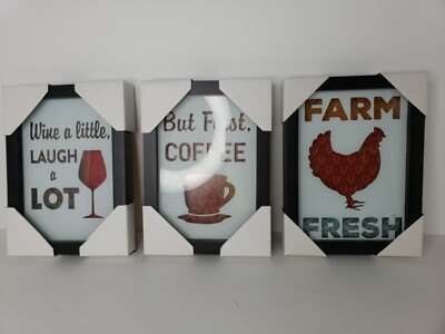 Set Of 3 Kitchen Wall Hanging Shadow Box Style Pictures - Wine, Coffee, Farm...