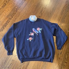 VTG 80s 90s Turtleneck Sweatshirt Navy Bird Flower Appliqu  XL Cottage Core