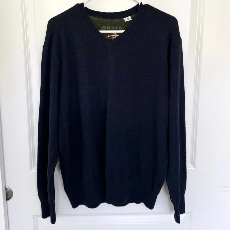 ORVIS Merino Wool Knit V Neck Classic Sweater Navy Blue Large