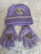 Disney Princess Royal Hat  Gloves Set Lavendar  Gold Glitter Hearts Grip Hands