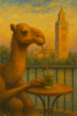 Marrakesch Kamel Minze Tee Kunstdruck - skurrile marokkanische Café-Szene mit Koutoubi